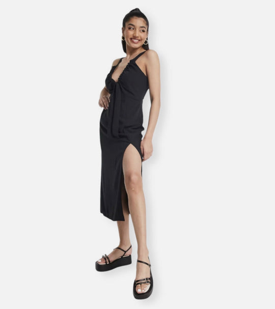 Abercrombie & Fitch cinch neck slip midi dress in black