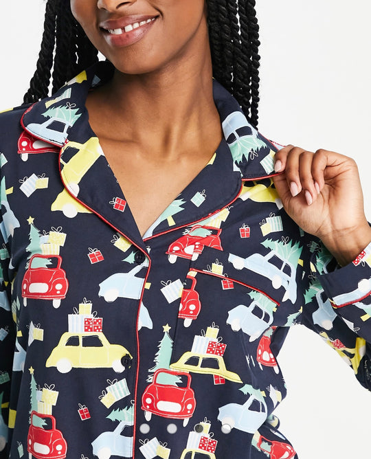 Chelsea Peers Christmas cars button through pyjamas in navy