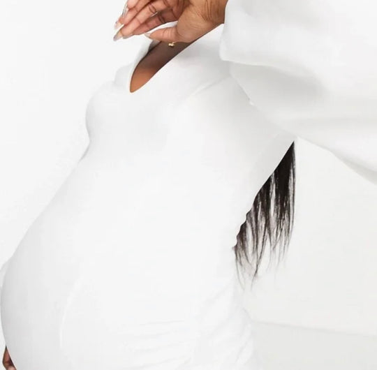 True Violet Maternity plunge balloon sleeve midi dress in white