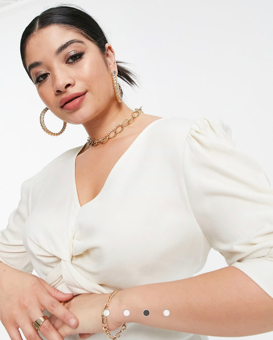 Closet London Plus twist front puff sleeve midi dress in cream