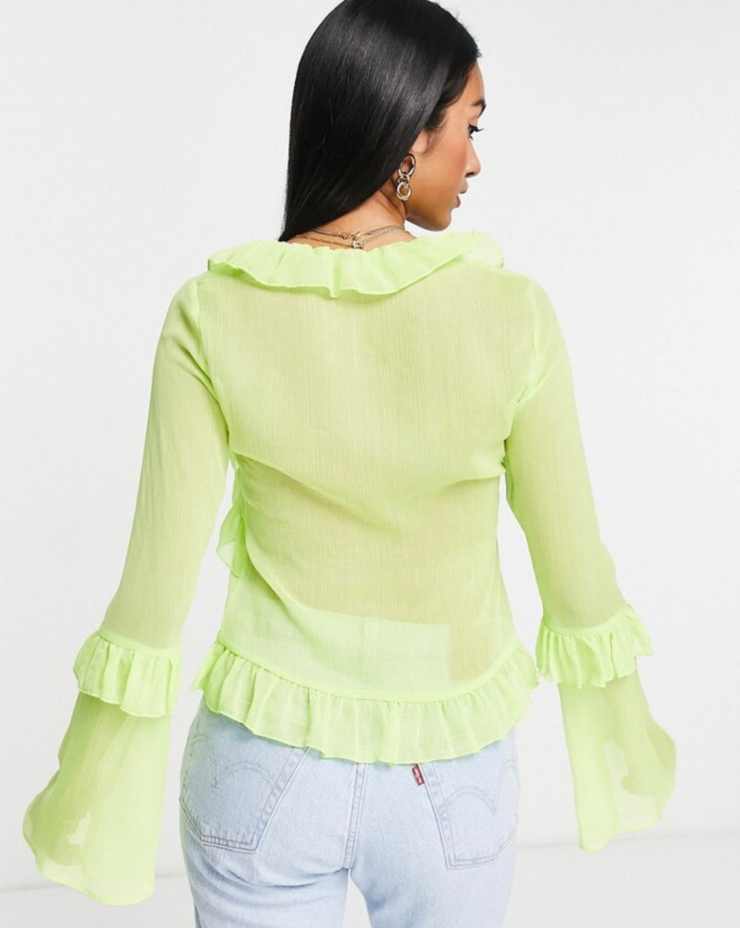 ASOS DESIGN tie front frill neck sheer blouse in lime green