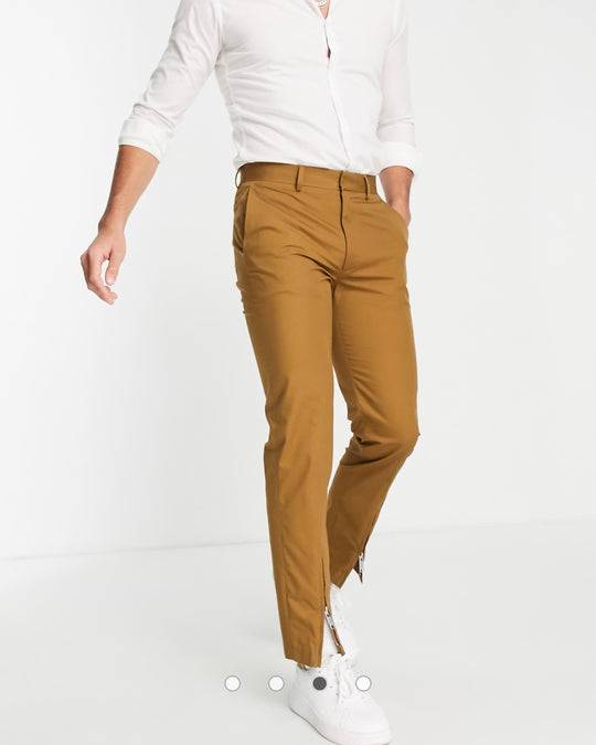 ASOS DESIGN slim smart trouser with zip front hem in brown