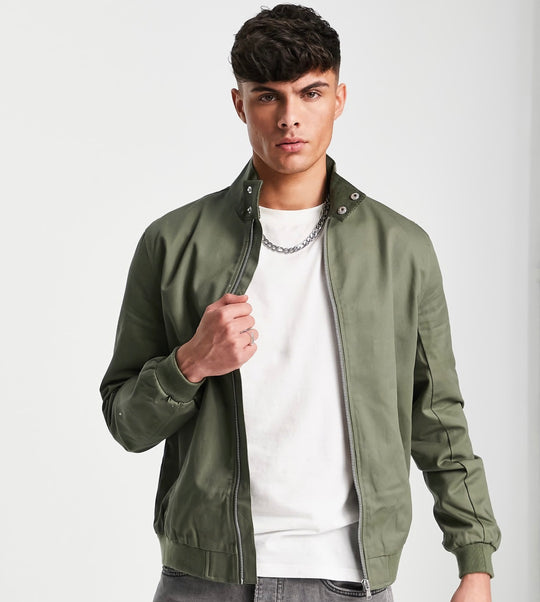 ASOS DESIGN harrington jacket with funnel neck in khaki