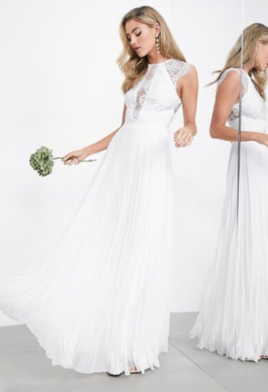 ASOS EDITION Ruby Delikat Spetsliv Bröllopsklänning med Plisserad Kjol i Elfenben