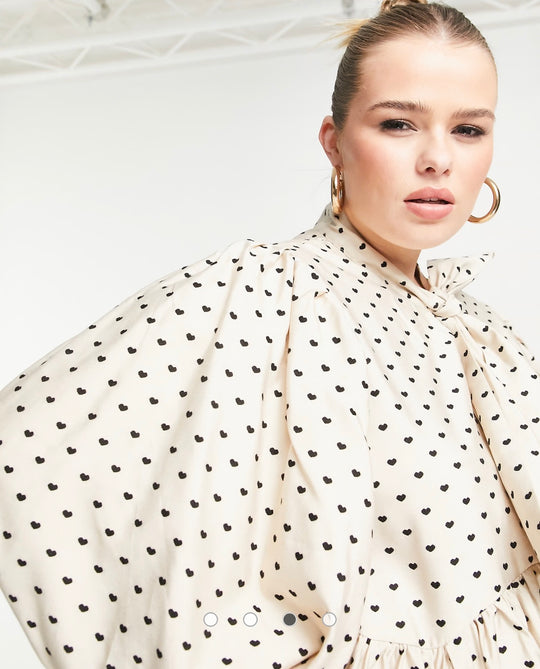 Sister Jane Plus puff sleeve mini dress with bow in heart print in beige