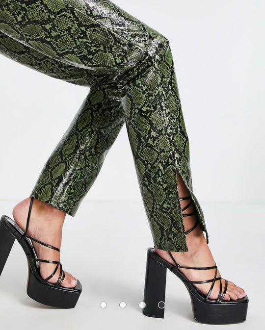 ASOS DESIGN Tall low rise leather look straight leg trouser in green snake