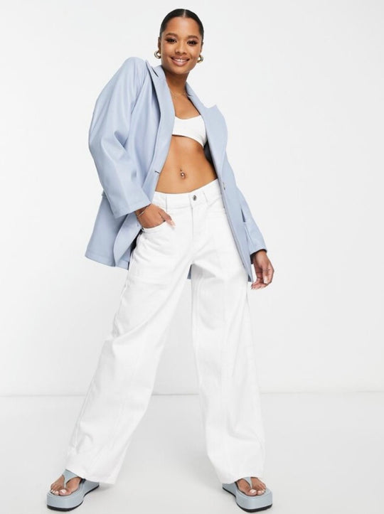 ASOS DESIGN Petite faux leather dad blazer jacket in blueb