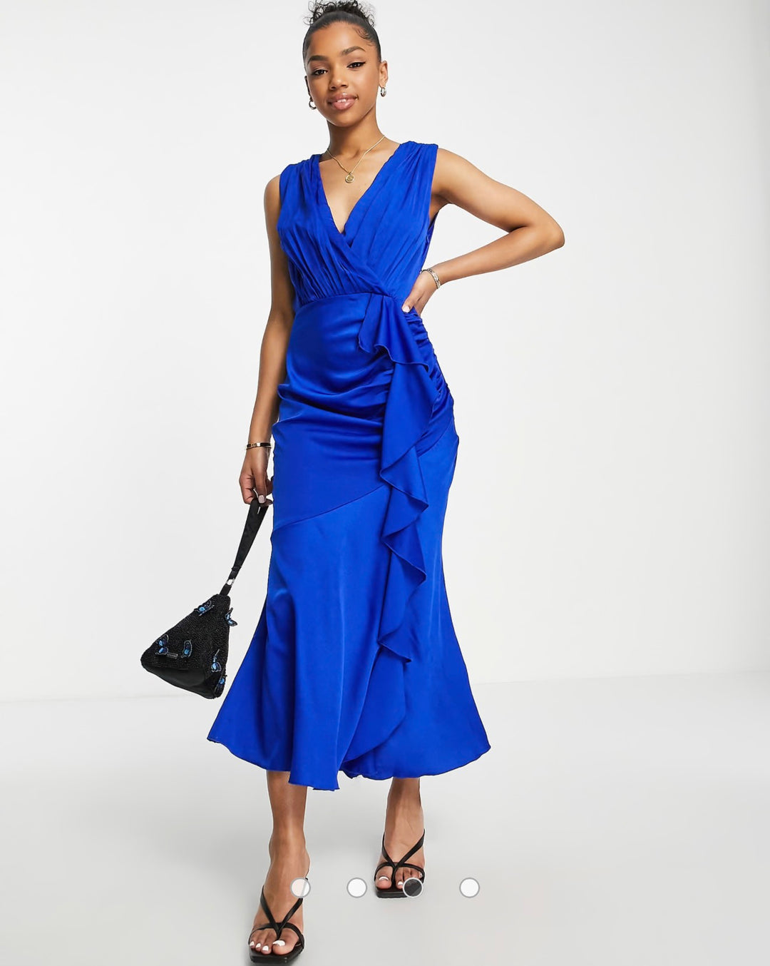 Little Mistress plunge front satin midi dress in royal blue