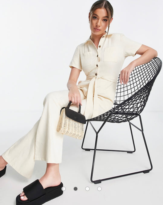 ASOS DESIGN twill 70s kickflare boilersuit in cream