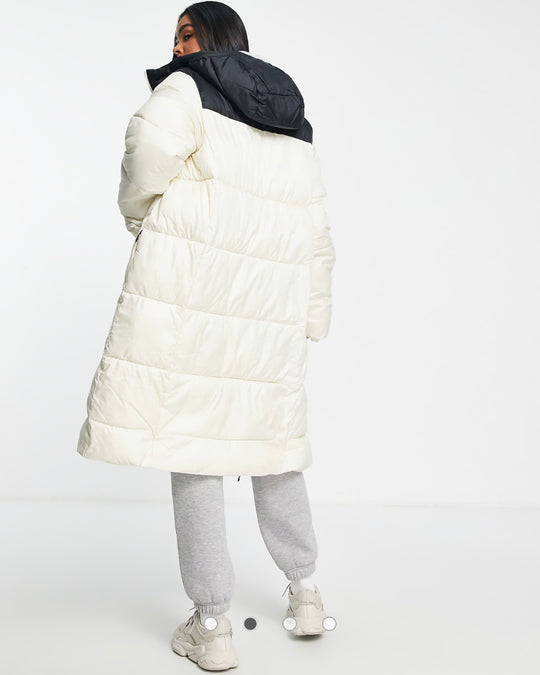 Columbia Puffect long line puffer coat in beige/black