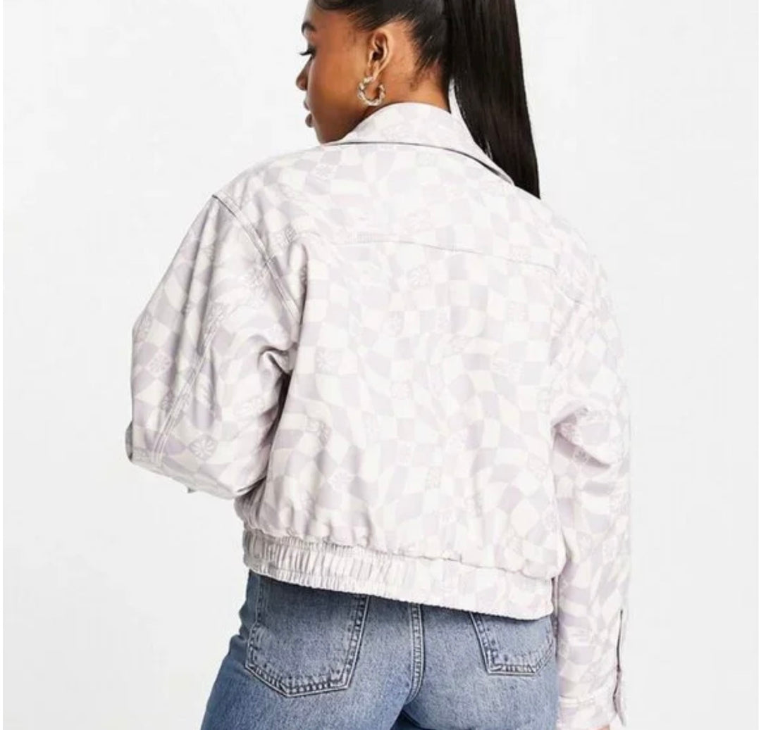 ASOS DESIGN printed leather look bomber jacket in blue