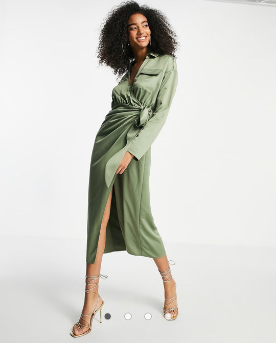 ASOS DESIGN satin collared wrap midi shirt in khaki