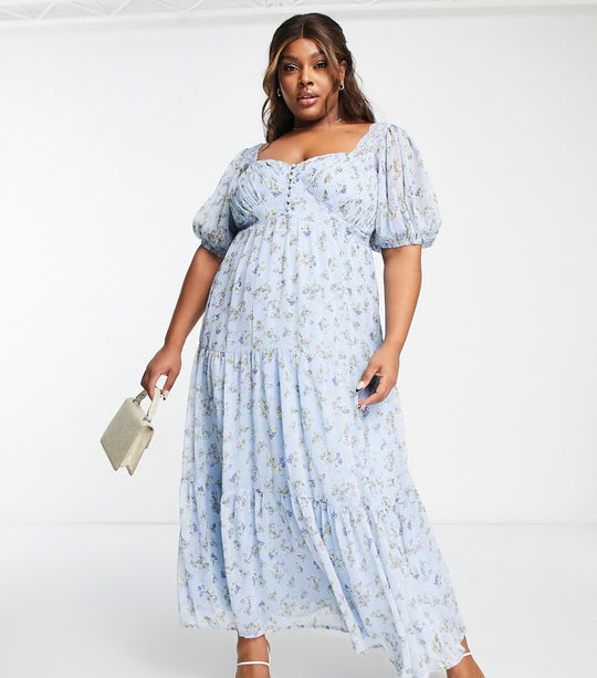 ASOS DESIGN maternity open back lace insert midi tea dress in blue ditsy floral