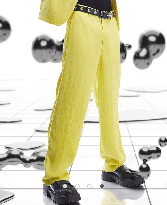 ASOS DESIGN wide leg suit trousers in yellow crinkle