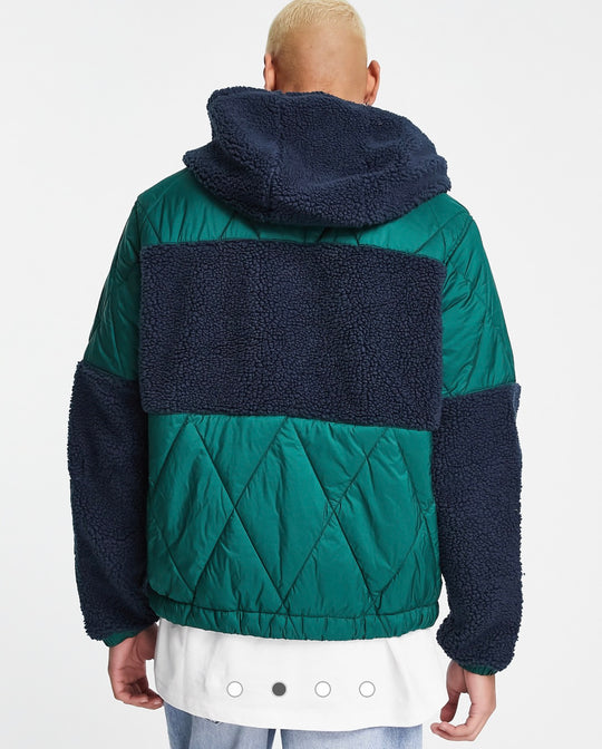 Tommy Jeans sherpa quilt hybrid hooded jacket in green/navy
