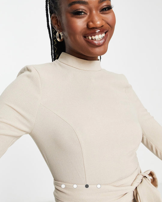 ASOS DESIGN long sleeve midi dress with obi belt in stone