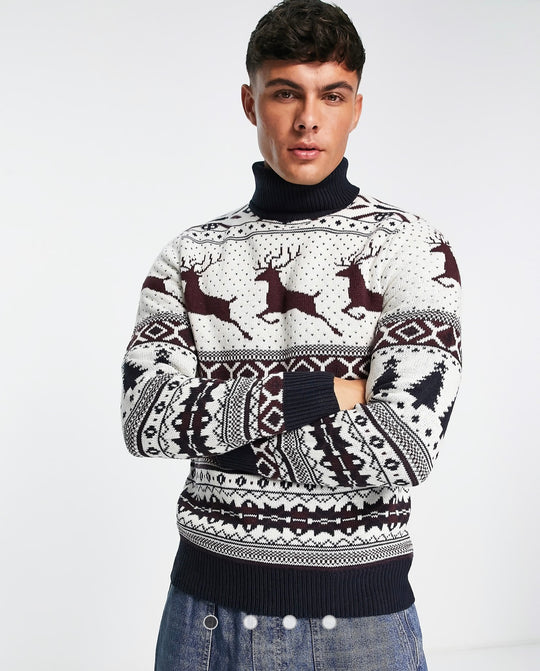 Brave Soul Christmas roll neck jumper in white multi