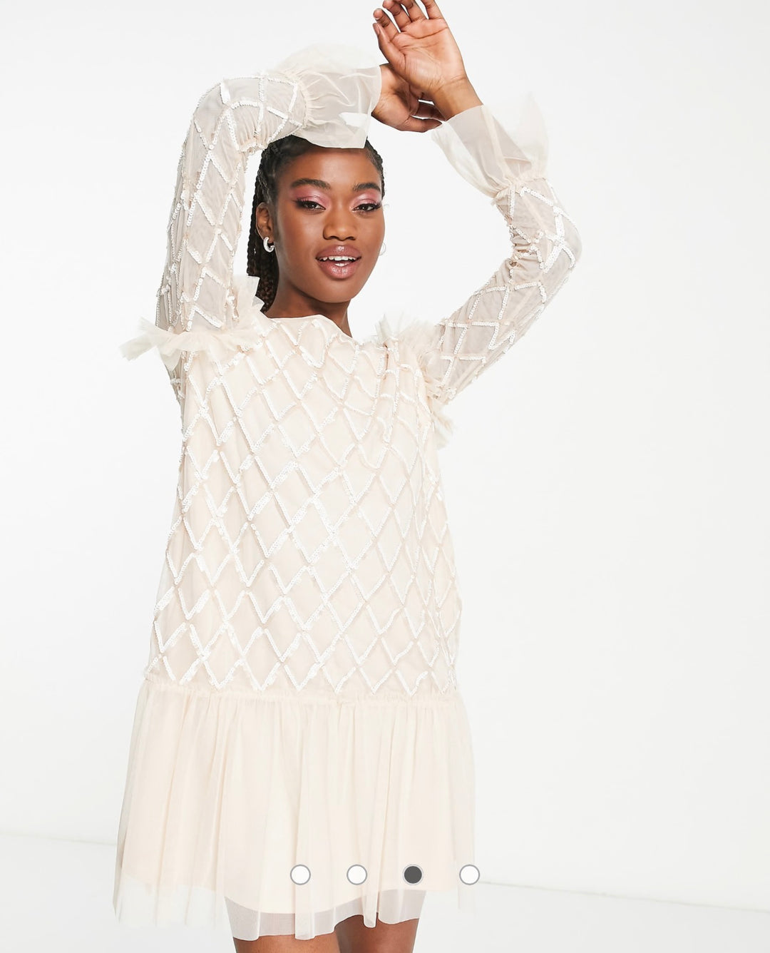 Little Mistress embellished diamond tulle mini dress in cream