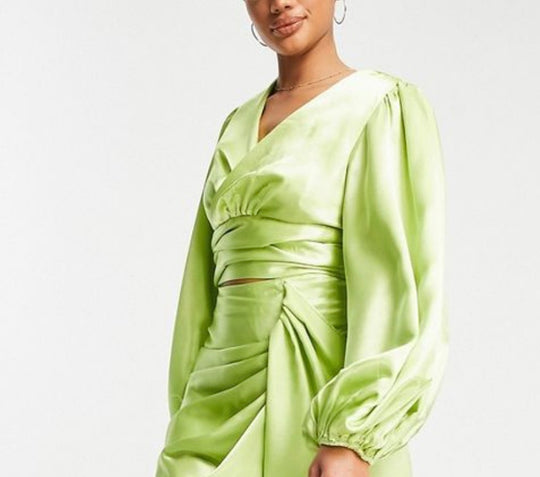 VL The Label tie up long sleeve satin top in green co-ord