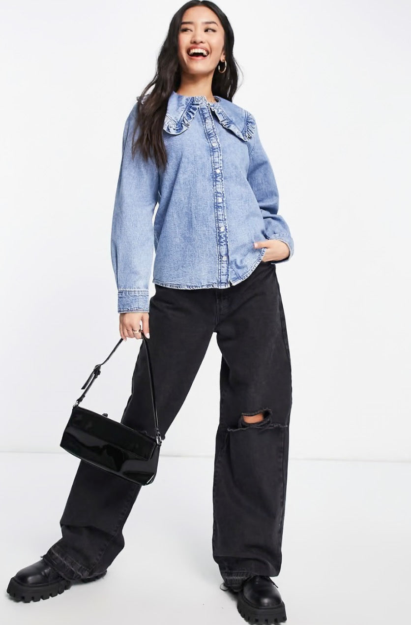 Monki denim shirt with frill collar in blue