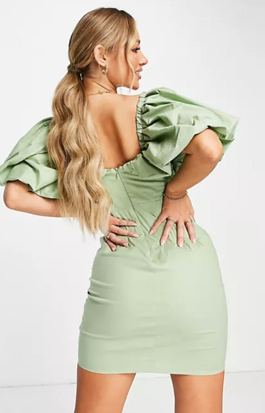 ASOS LUXE pleated front poplin mini dress with back bow tie in sage green