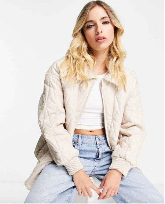ASOS DESIGN leather look quilted bomber in cream