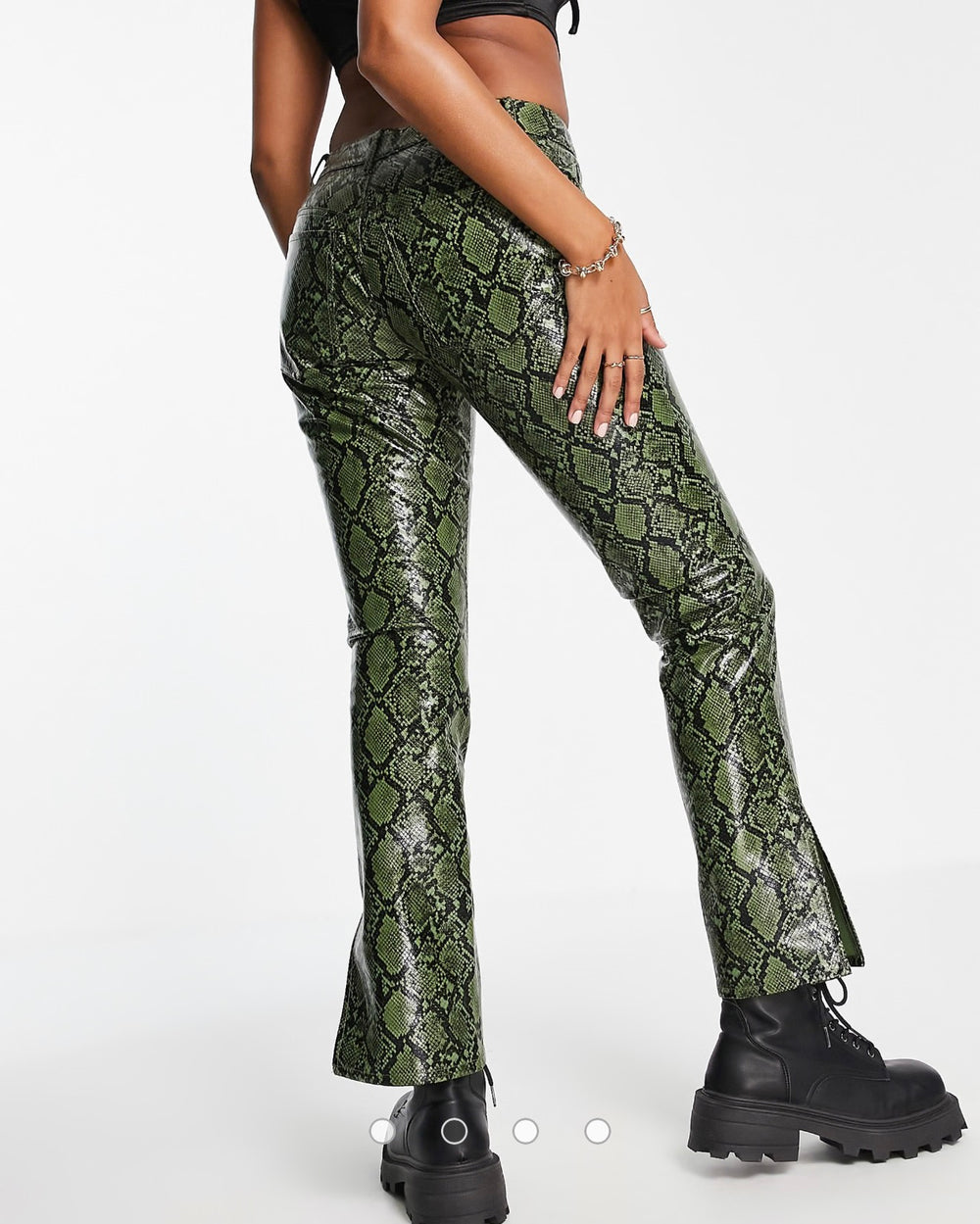 ASOS DESIGN Hourglass low rise leather look straight leg trouser in green snake