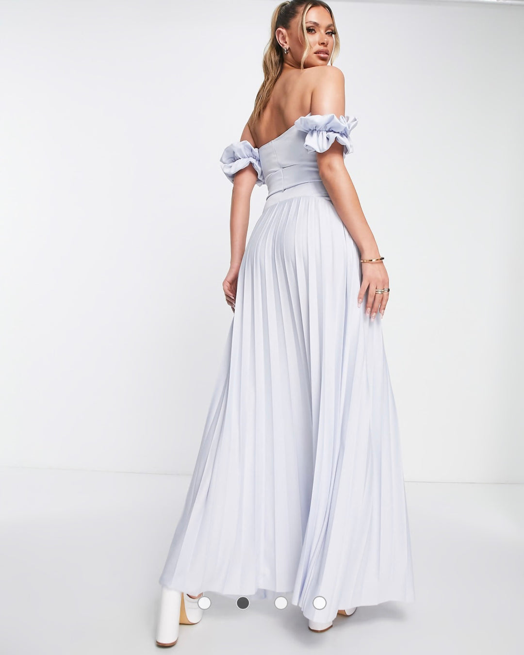 ASOS Design Bardot Belted Pleated Maxi Dress in Dusky Blue