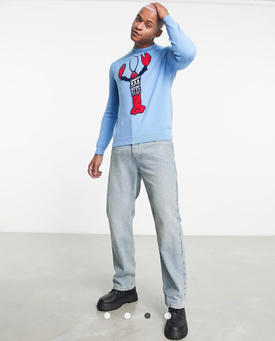 ASOS DESIGN knitted christmas jumper with festive lobster in blue