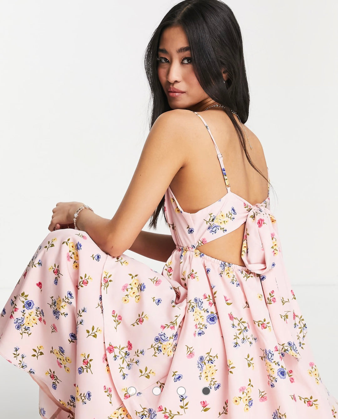 Collective the Label bow back tiered midi dress in pink ditsy print