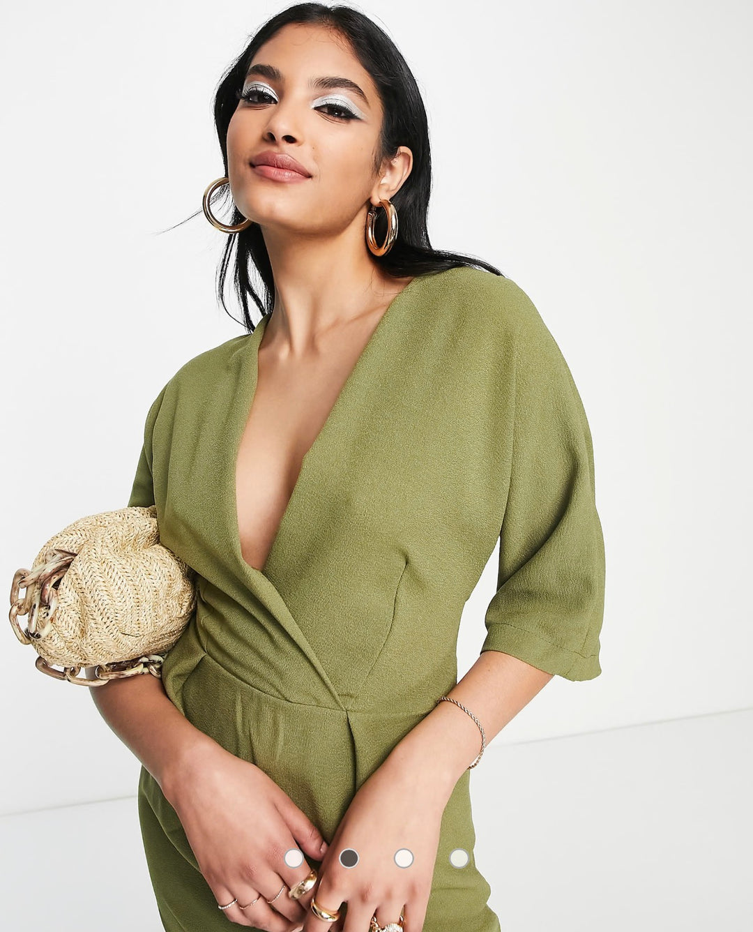 Closet London Plus tie back wrap front mini dress in olive