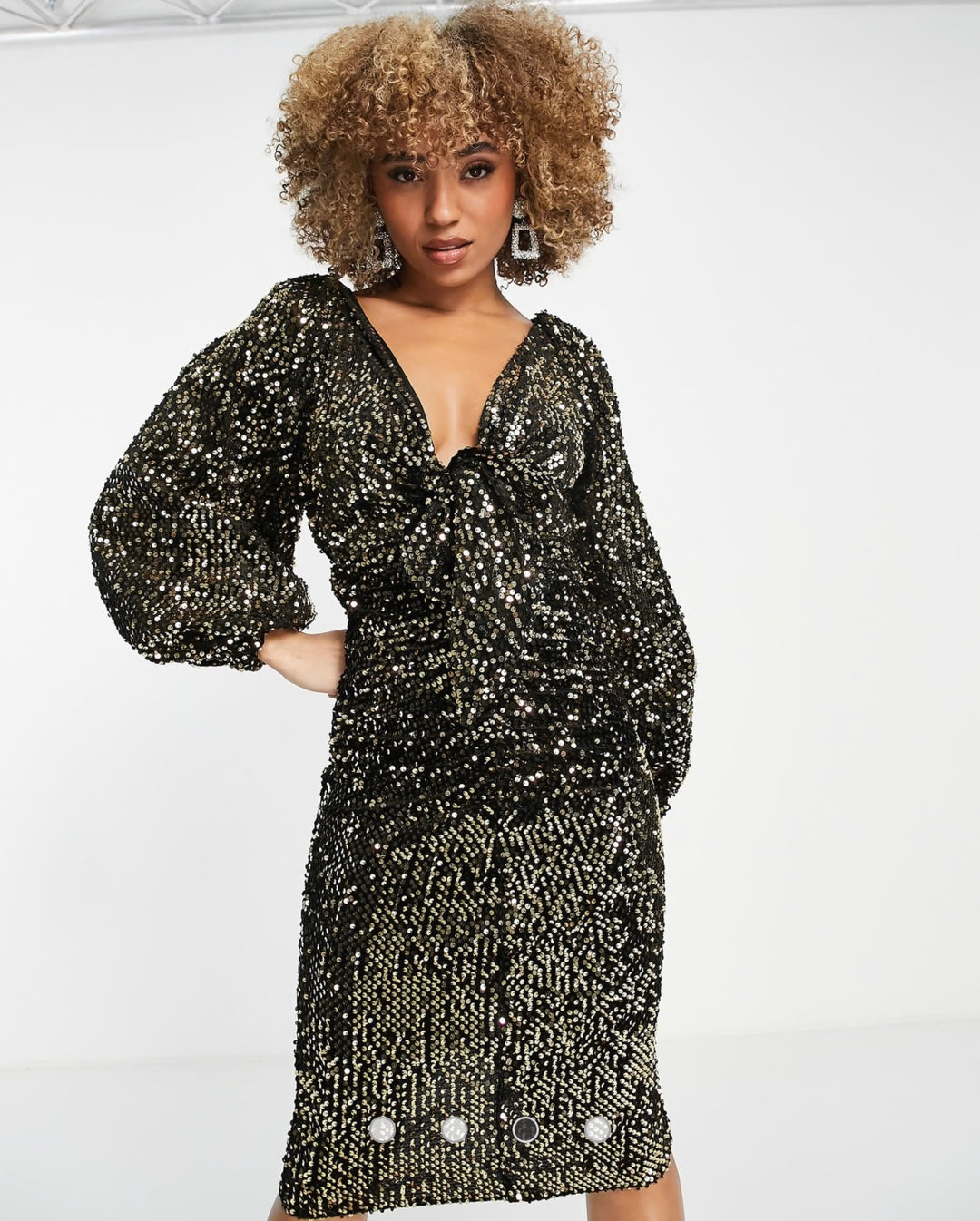ASOS DESIGN sequin balloon sleeve plunge midi in gold
