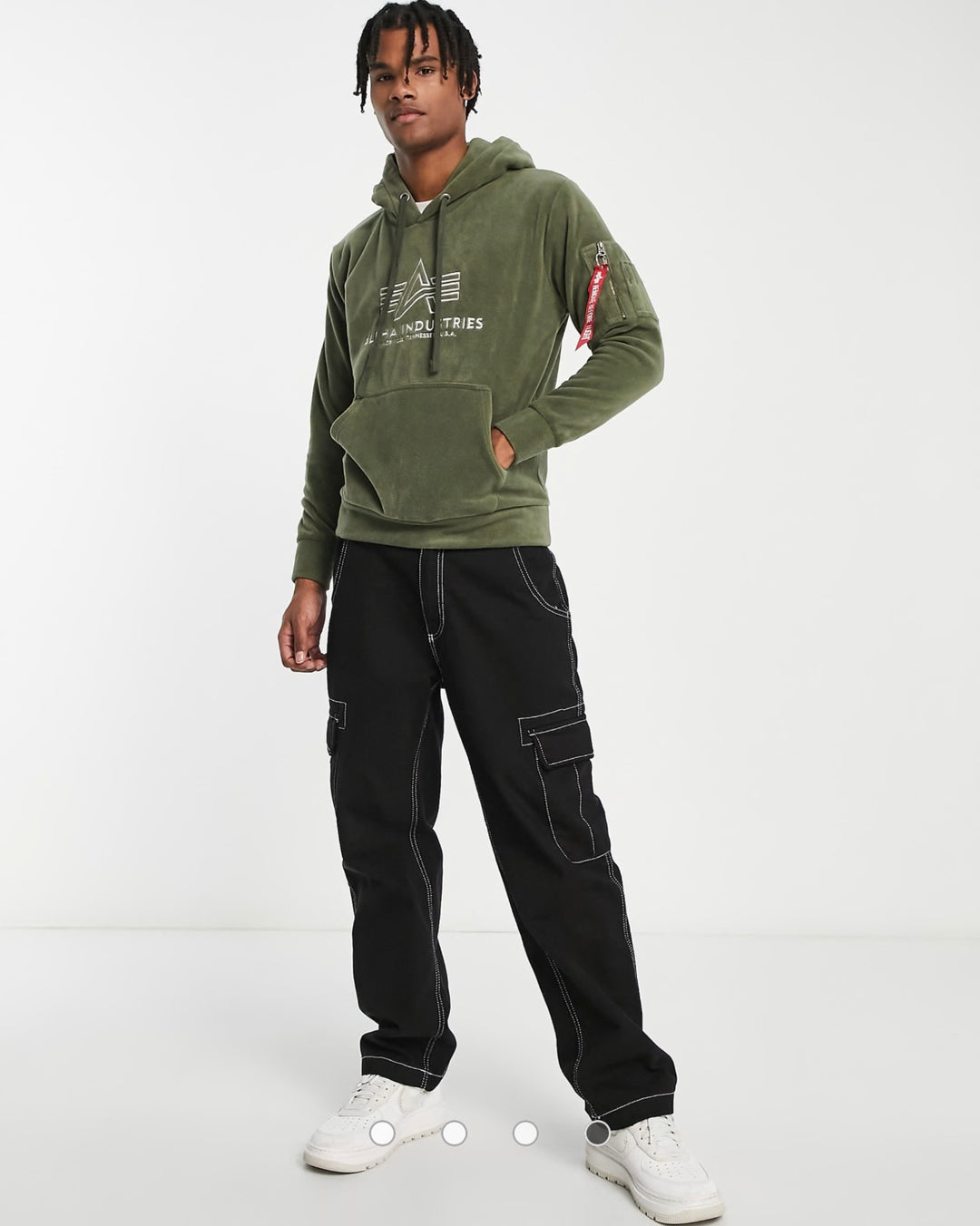 Alpha Industries logo front polar fleece hoodie in dark olive