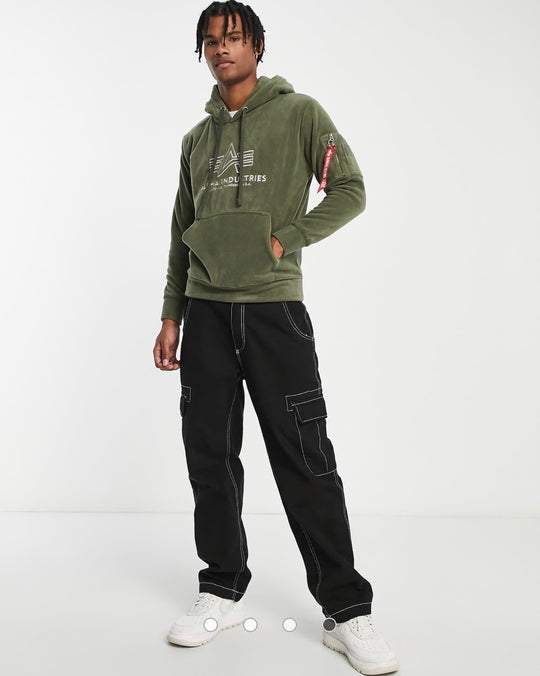 Alpha Industries logo front polar fleece hoodie in dark olive