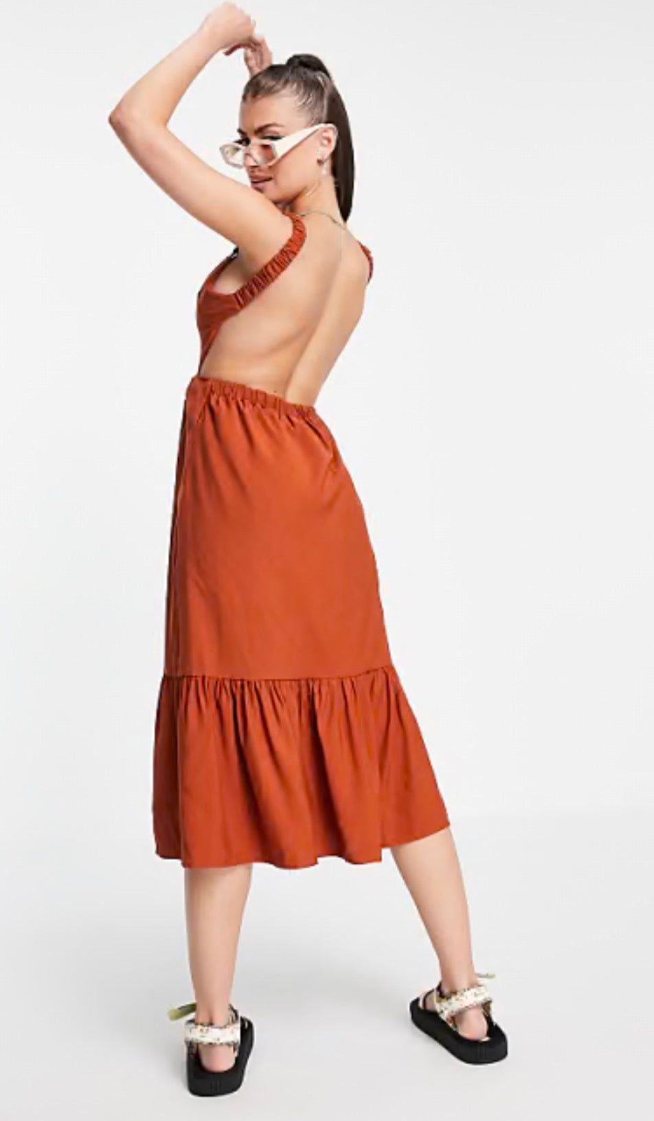 Fashion Union backless midi smock dress with ruffle detail in terracotta
