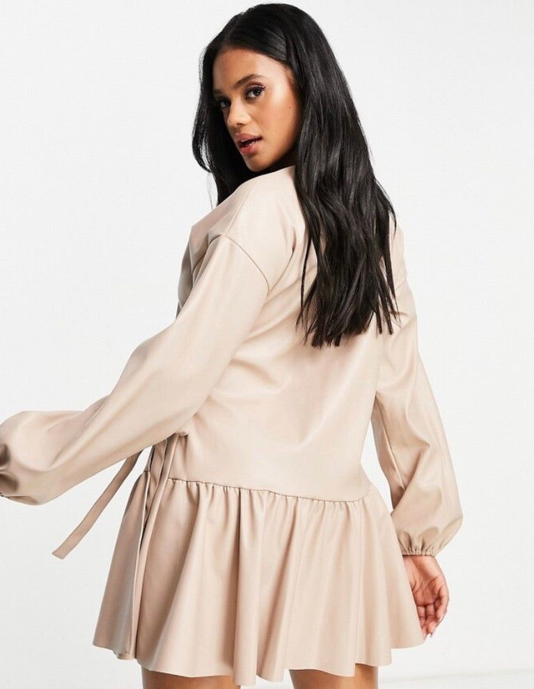 ASOS DESIGN leather look wrap front mini smock dress in stone