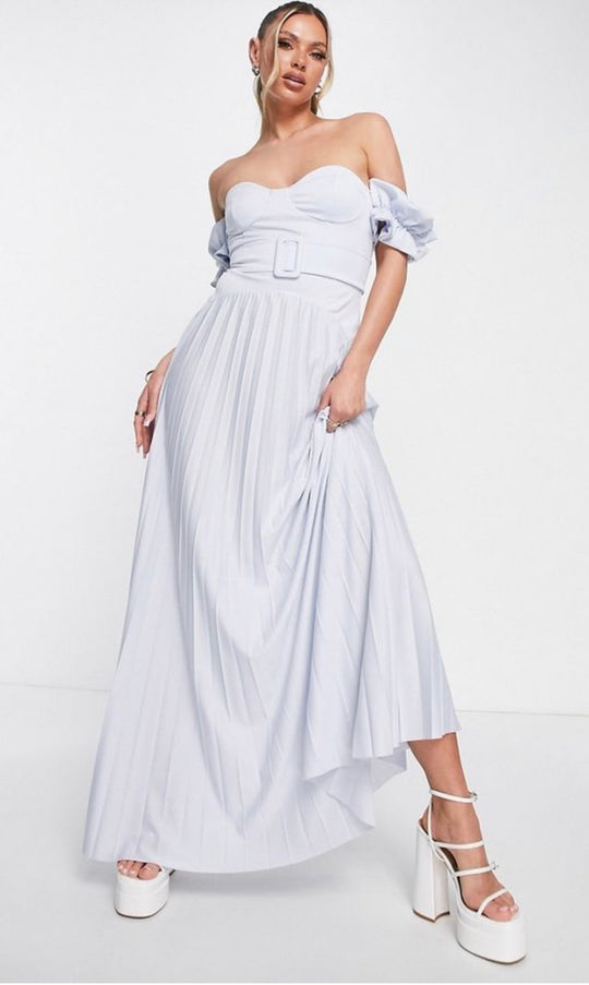 ASOS Design Bardot Belted Pleated Maxi Dress in Dusky Blue