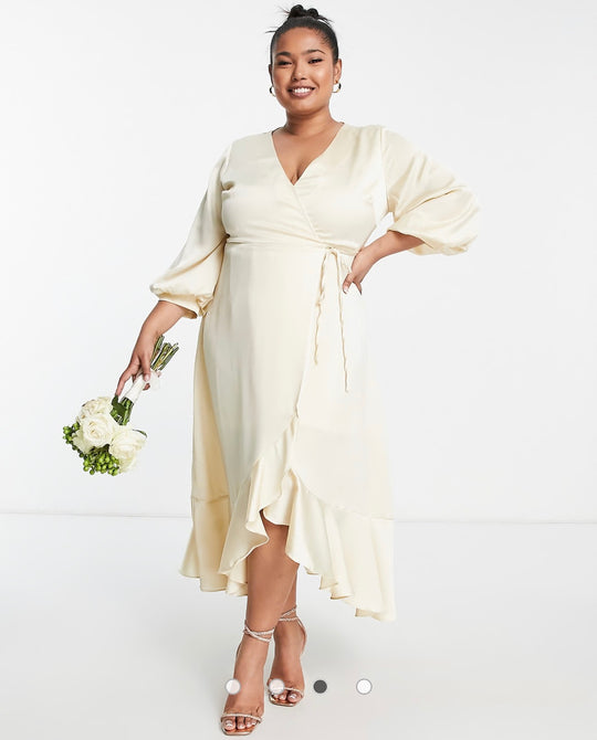 Liquorish Plus Bridesmaid satin wrap midi dress with