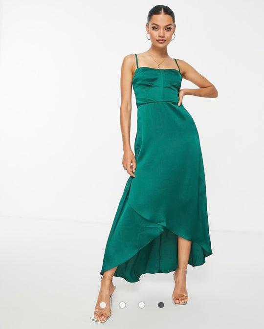 TFNC Petite Bridesmaid satin cami dress in emerald green