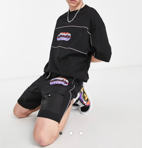Crooked Tongues coord shorts with utility pockets and logo print in black