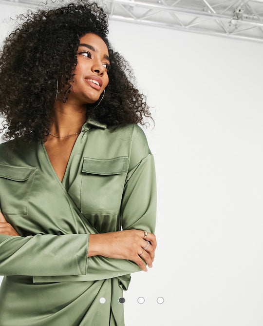 ASOS DESIGN satin collared wrap midi shirt in khaki