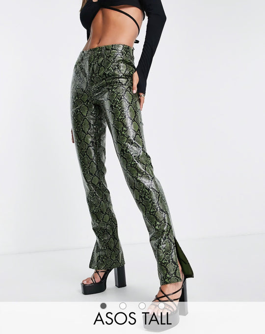 ASOS DESIGN Tall low rise leather look straight leg trouser in green snake