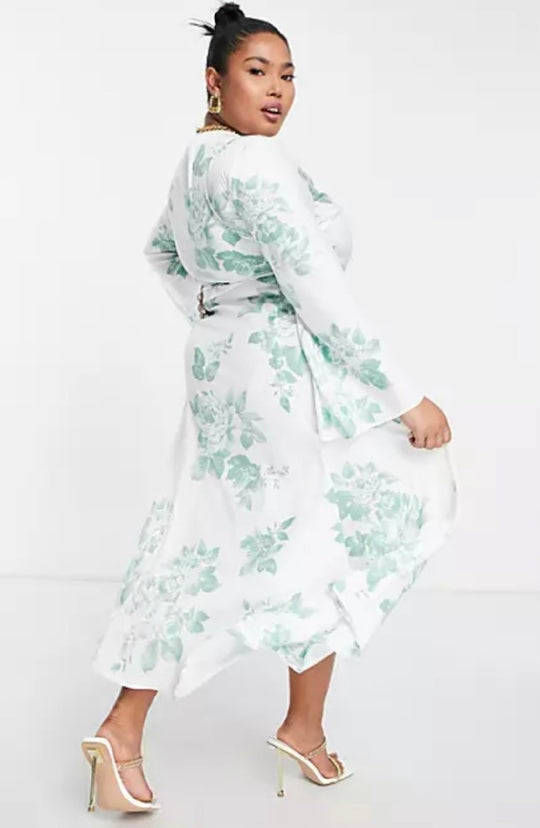 ASOS DESIGN Curve exclusive bias cut satin wrap in white with green floral