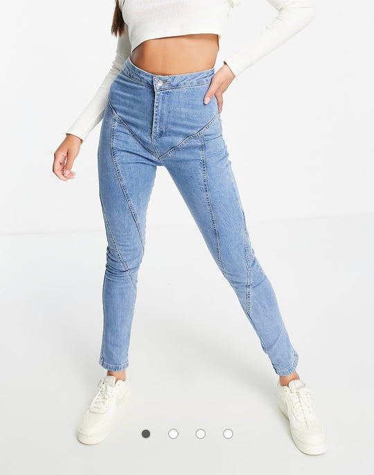 Rebellious Fashion Stretch Jeans with Contour Seam in Mid Blue