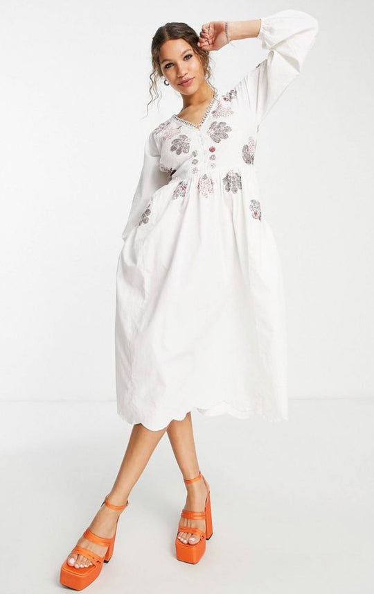 ASOS DESIGN patchwork floral embroidered bellow pocket midi dress in white