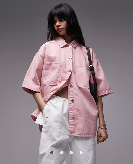 Topshop co-ord denim shacket in baby pink