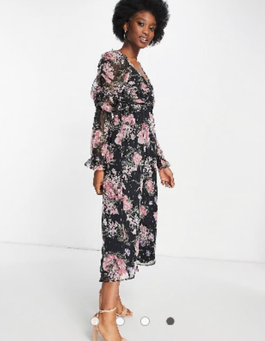 Miss Selfridge chiffon gold spot midi dress in floral