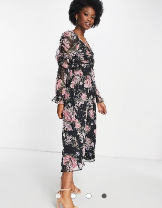 Miss Selfridge chiffon gold spot midi dress in floral