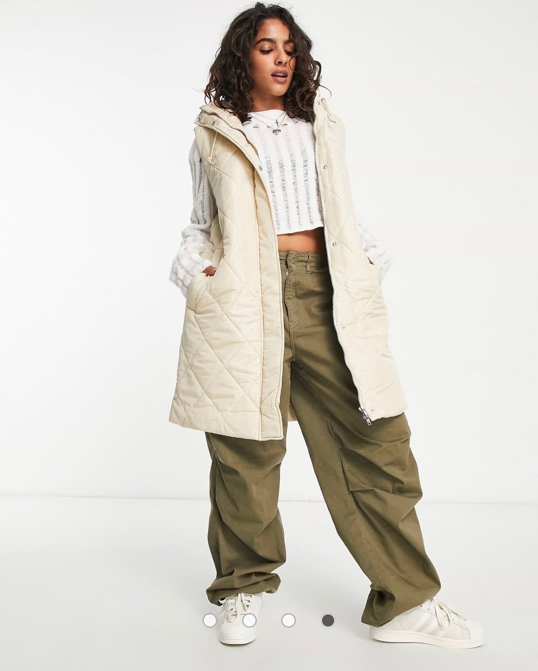 Violet Romance quilted longline gilet with hood in stone