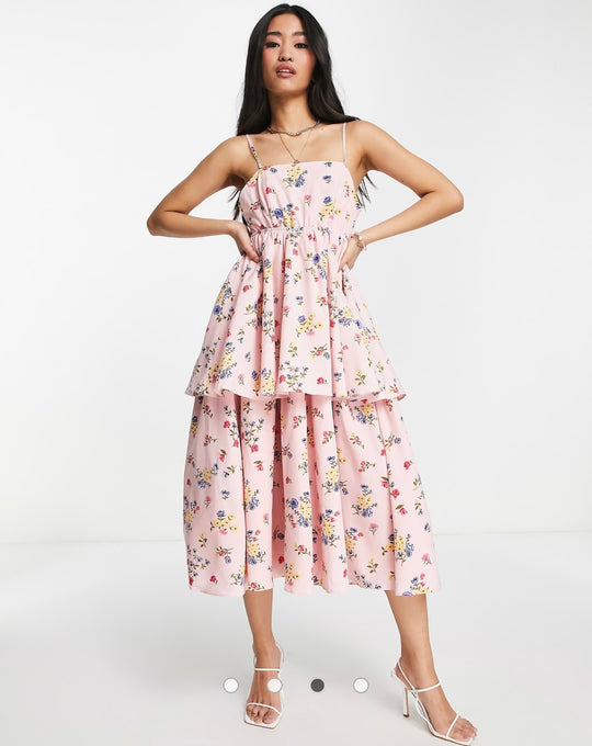 Collective the Label bow back tiered midi dress in pink ditsy print